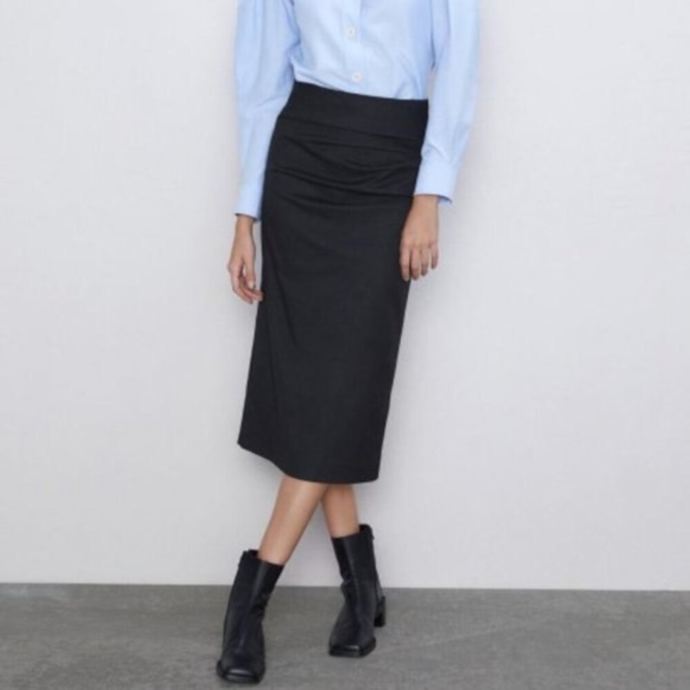 Gray Zara Gathered Ruched Pencil Midi Skirt (NWT)